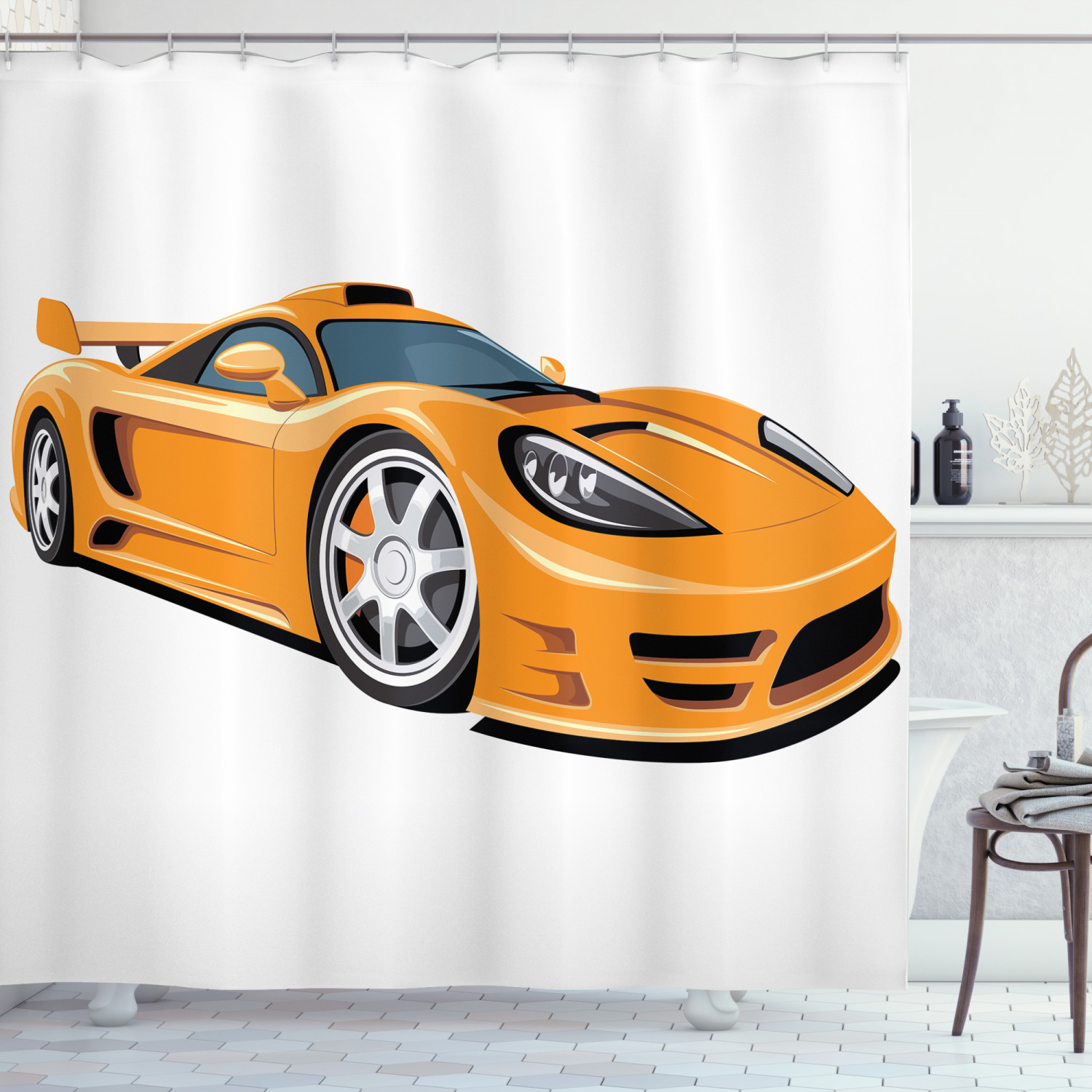Cars Shower Curtain, Orange Sports Car Fast Racing Roadster Modern