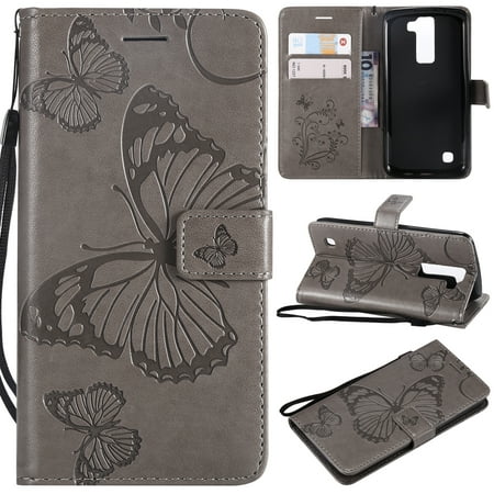 LG K8 K7 Wallet case, Allytech Retro Embossed Butterfly Flip Case Soft TPU Flower Inner Bumper Card Holder Wrist Strap Protective Phone Case for LG K7 / K8 / Escape 3 / Tribute 5 (MA1380), Gray
