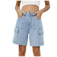 thumbnail image 3 of vigerkar Cargo Shorts Women Bermuda Knee Length Long Hiking Shorts with Pockets Elastic Waist for Summer Casual Trendy Outfits Light Blue, L, 3 of 9