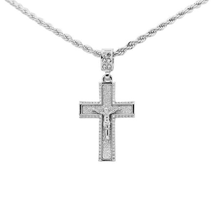 Corpus Crucified Christ Pendant 14K White Gold Plated Hip Hop Bling Stardust Beaded Edge Crucified Jesus Cross With 3mm 24