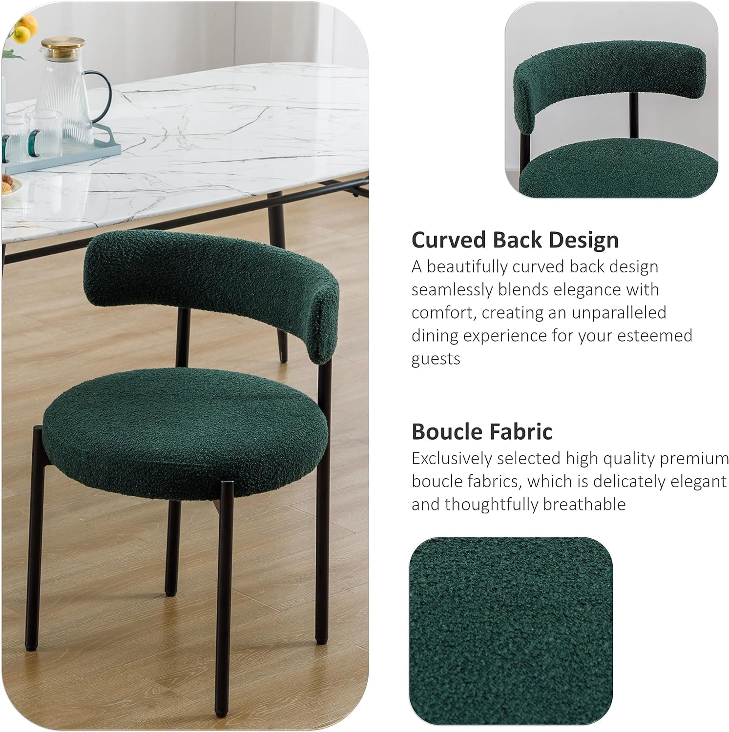 Locus Bono Boucle Dining Chairs Set of 4, Modern Upholstered Dining Room Chairs, Armless Kitchen Chair for Dining Room, Living Room, Green