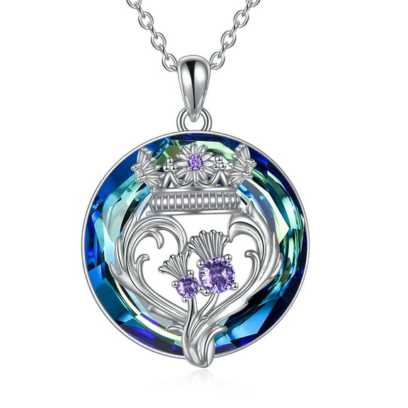 S925 Sterling Silver Scottish Necklace Gifts for Women Sterling Silver Thistle Amethyst Crown Crystal Pendant luckenbooth Jewelry for Mom Birthday Christms(crystal)