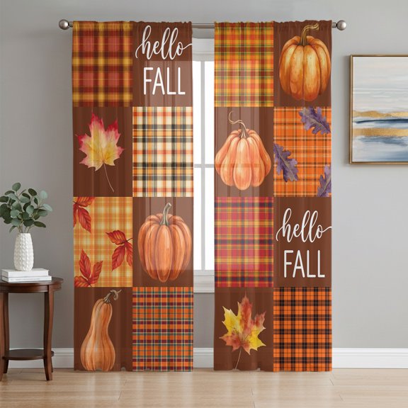 Hello Fall Sheer Curtains 63 Inches Long, Orange Pumpkins Maple Checked Thanksgiving Light Filtering Window Curtains for Living Room, Rod Pocket Voile Sheer Curtain Drapes, 52"W x 63"L, 2 Panels