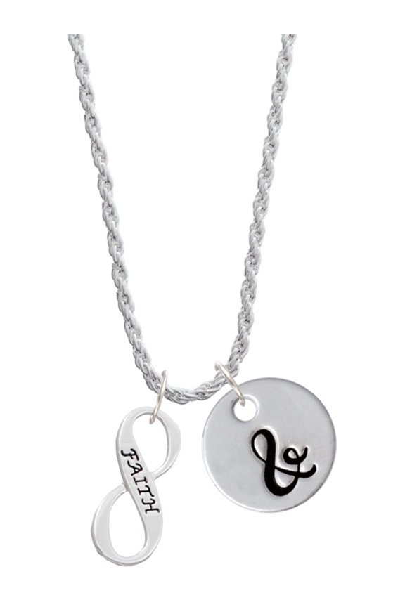 Silvertone Faith Infinity Sign Silvertone Script Initial Disc - & - Charm Necklace, 20"+3"