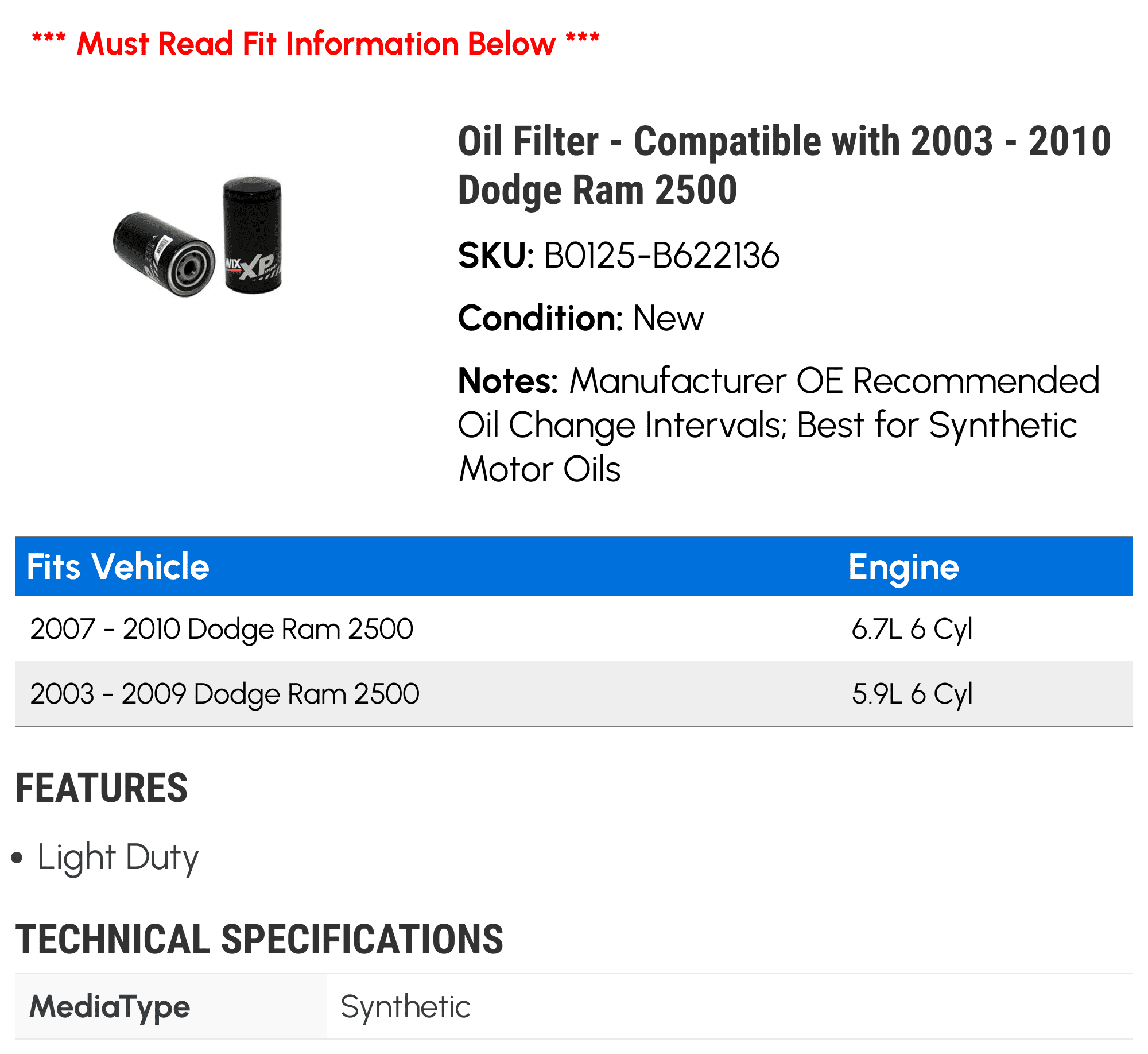 Oil Filter - Compatible with 2003 - 2010 Dodge Ram 2500 2004 2005 2006 2007 2008 2009