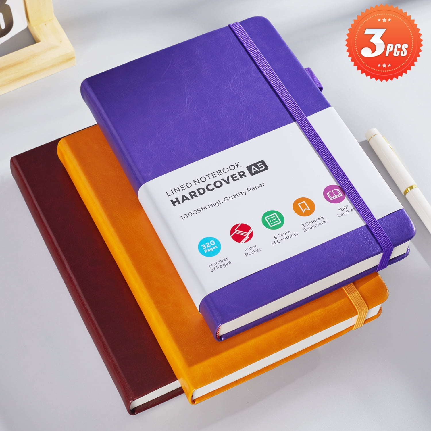 Nirmiro 3-Pack A5 Hardcover Journal Notebooks, 5.7"x8.4" College Ruled, 320 Pages Each 100GSM Paper, Faux Leather Cover, Multi-Color Notebook Set for Writing, Students & Office