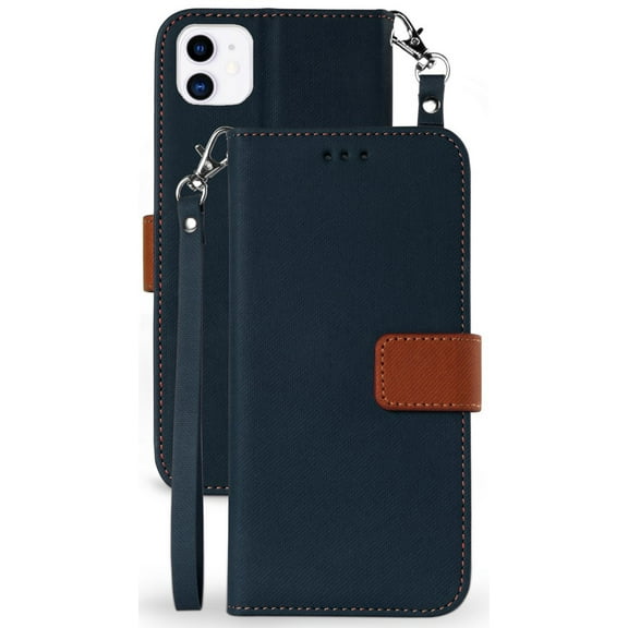 Navy Blue/Brown Wallet Case Credit Card Slot ID Cover, View Stand [Magnetic Closure, Wrist Strap Lanyard] for iPhone 12 / iPhone 12 Pro (2020, 6.1" Model)
