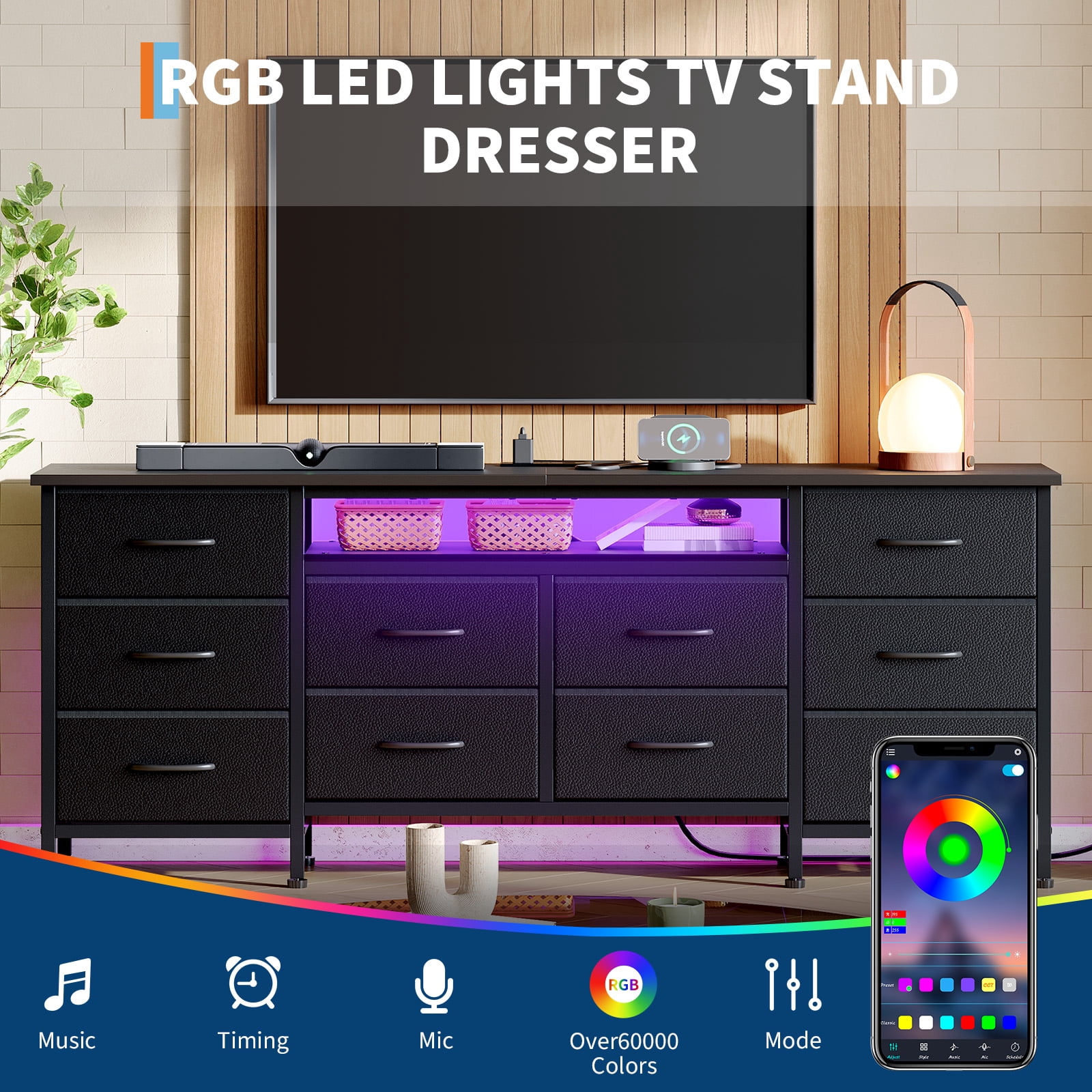 Kicctian 63" Wide Black Dresser with 10 Fabric Drawers Dresser with LED Lights and Power Outlet – Dresser for Bedroom & TV Stand for Living Room,Black