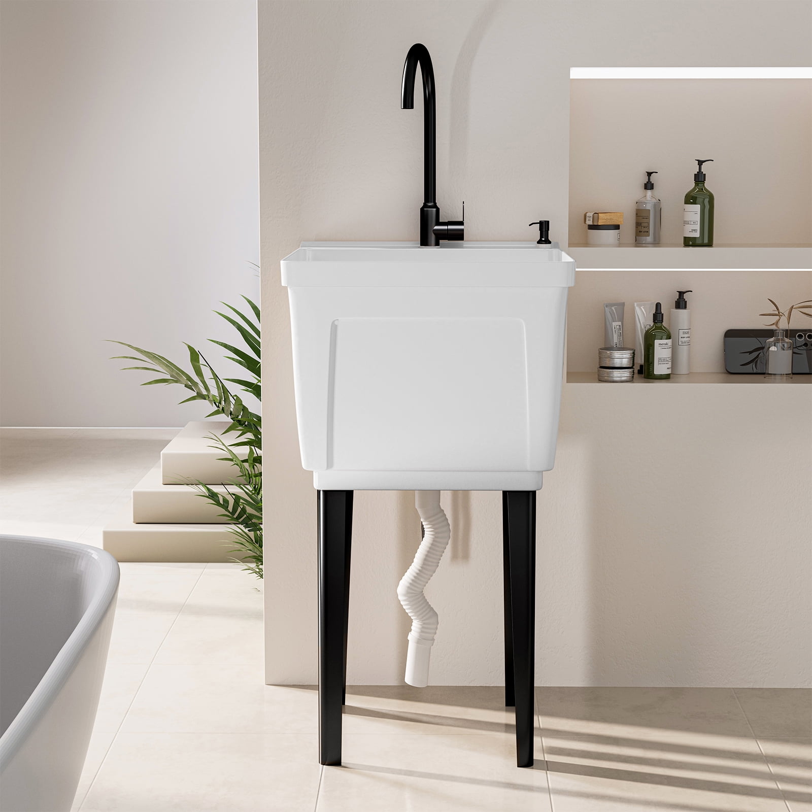 TABU Freestanding Utility Sink Laundry Tub, with Stainless Steel Faucet, White