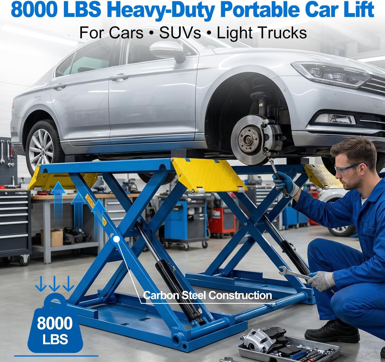 HPDAVV 8,000 LBS Portable Car Lift, 110V Electric Unlock Hydraulic Vehicle Lift with 40" Max Lift Height, Rolling Mobile Garage Auto Lift for SUVs, Trucks and Light Duty Vehicles