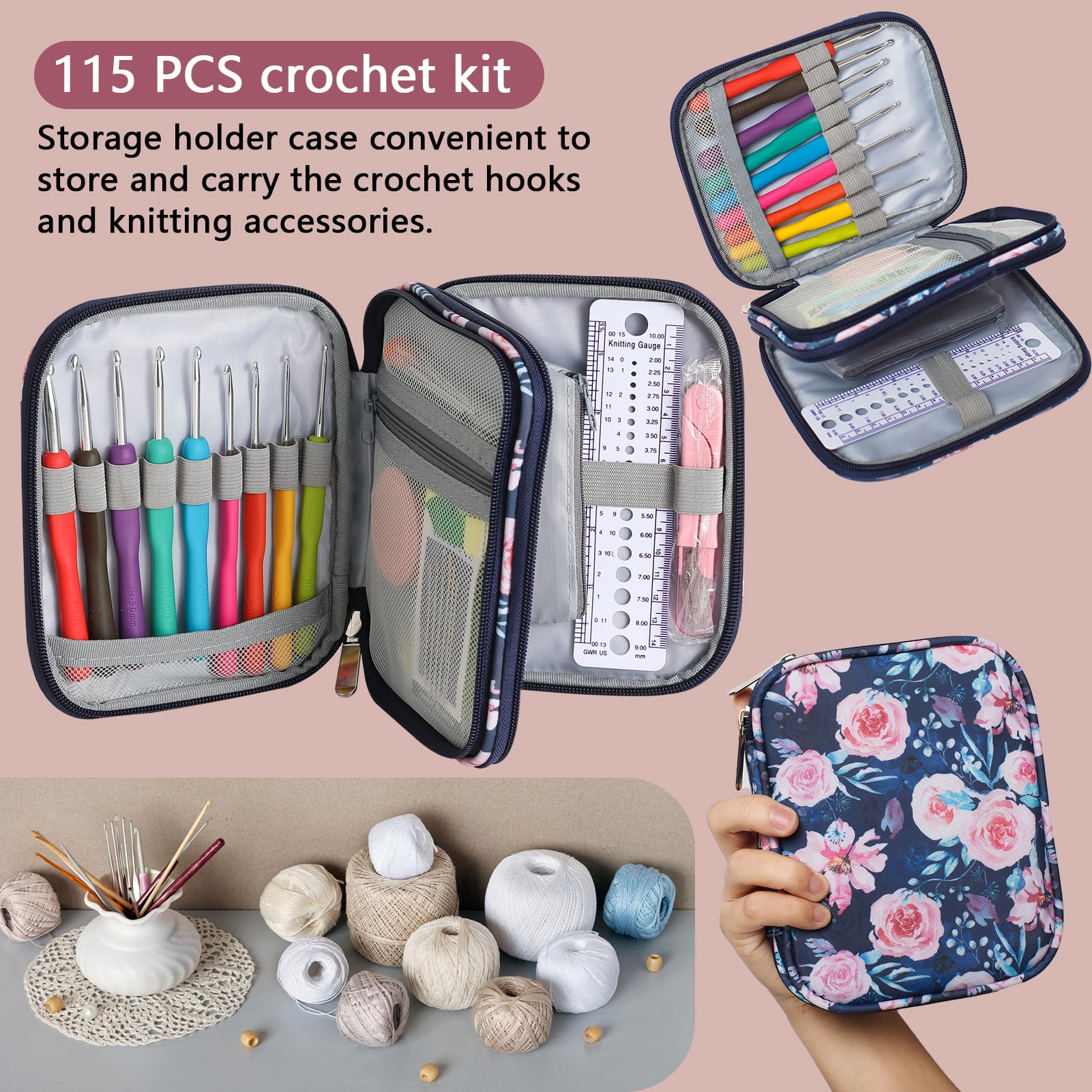 Sopena 115-Piece Crochet Hooks Set Crochet Hook Kit with Storage Case and Crochet Needle Accessories Crochet Needles Kit Hand Knitting Craft Art Tool for Beginners and Experienced Crochet Lovers