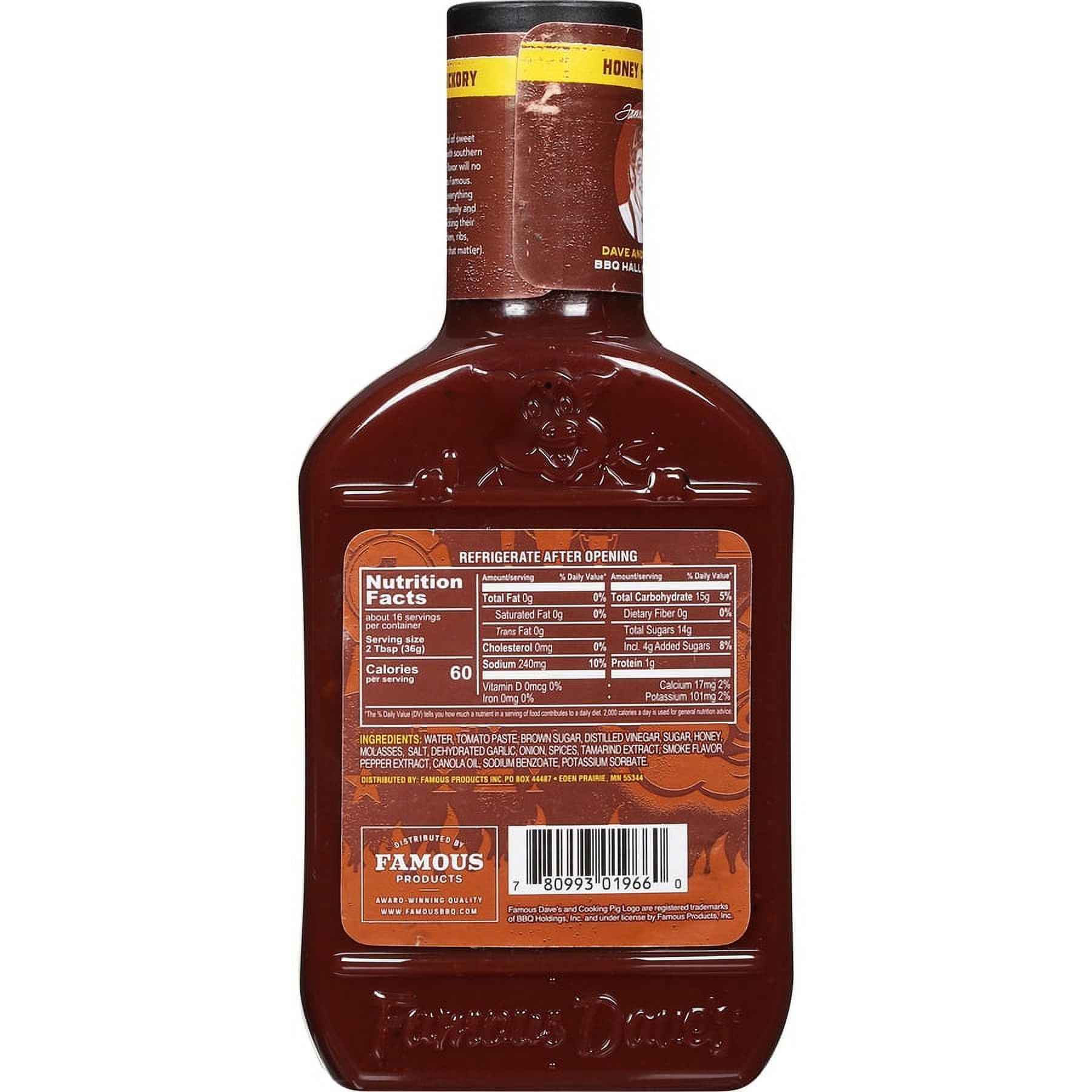 (4 pack) Famous Dave's Honey Hickory BBQ Sauce, 20 oz
