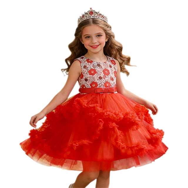 FhsagQ Robe de Fête Sans Manches pour Fille, Robe à Volants, Robe Tutu de Cérémonie pour Fille (Rouge Taille 9-10 Ans)