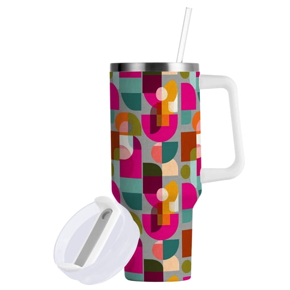 Yayeee 40oz Stainless Steel Tumbler with Straw and Handle Double-Wall Insulated Travel Water Bottle, Abstract Geometric Pattern