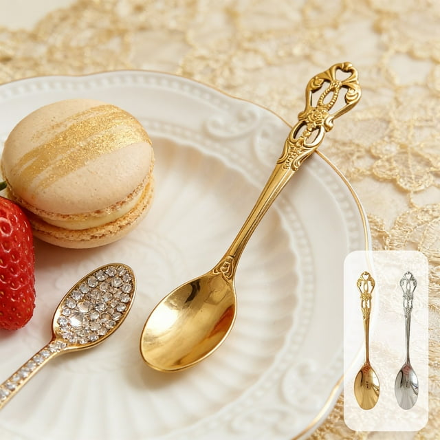 Cuchara de postre de acero inoxidable 5,11 pulgadas | Vajilla vintage de mango hueco | Asa larga pulida para helado, pudin, yogur, café, té | Oro/Plateado | Comedor en la cocina
