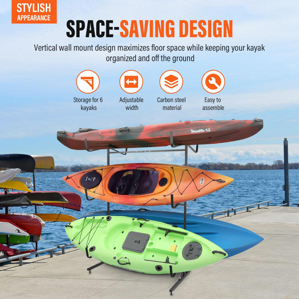 Adjustable Multi-Purpose Watercraft Organizer - 6-Slot Kayak/Canoe Rack for Docks & Garages