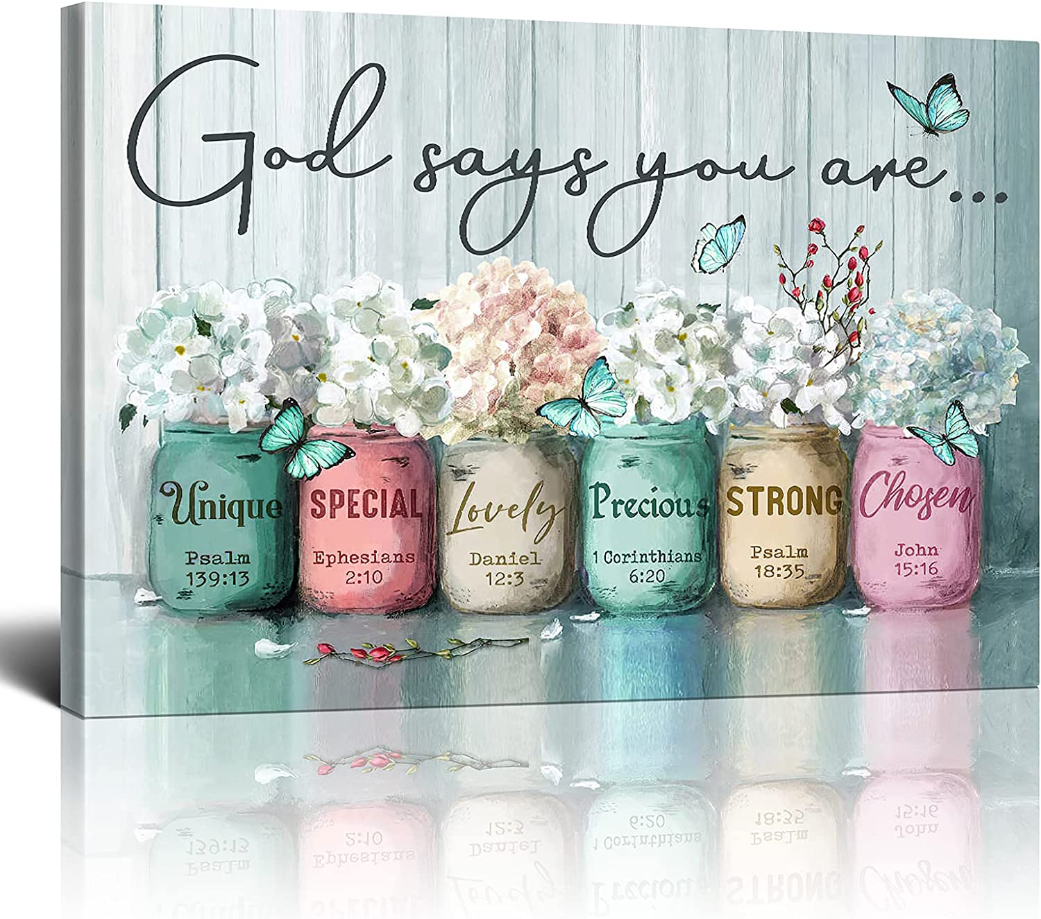 Inspirational Canvas Wall Art Encouraging Bible Verses Wall Decor Marson Jars With Butterflies God Says You Are Wall Art For Home Office Dining Room Decor Farmhouse Wall Art Framed 12x16 Inch (Teal)