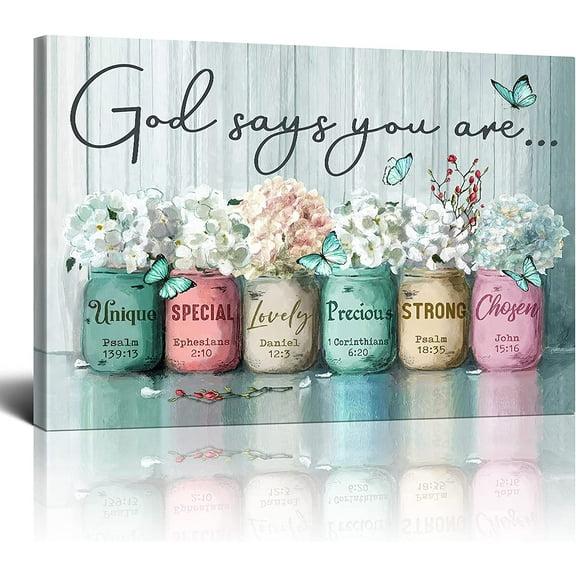 Inspirational Canvas Wall Art Encouraging Bible Verses Wall Decor Marson Jars With Butterflies God Says You Are Wall Art For Home Office Dining Room Decor Farmhouse Wall Art Framed 12x16 Inch (Teal)