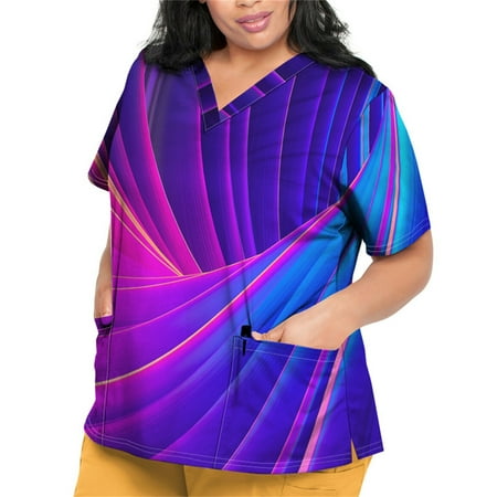 

Sksloeg Women Scrubs Tops Plus Size Gradient Printed V-Neck Workwear with Pockets Shirts Nursing Working Uniform Purple XL