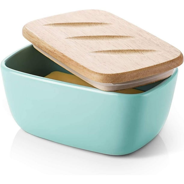 DOWAN Porcelain Butter Dish Covered Butter Container with Wooden Lid
