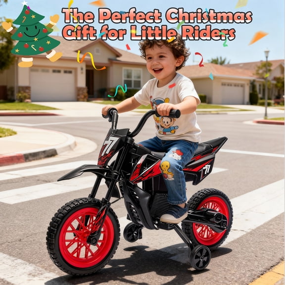 12V Kids Motorcycle for Ages 3-6, 3.1mph Top Speed, Training Wheels, Spring Suspension, Music, Black