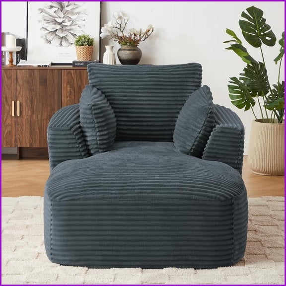 Modern Oversized Corduroy Chaise Lounge Sofa – No Assembly Required, Soft & Stylish for Living Room/Dorm/Apartment | Dark Grey | Corduroy | Cushion Back