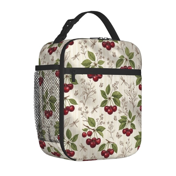 Cherries Lunch Bag Insulated Reusable Cooler Tote Portable Meal Prep Bag Side Mesh Pocket Work Office Picnic