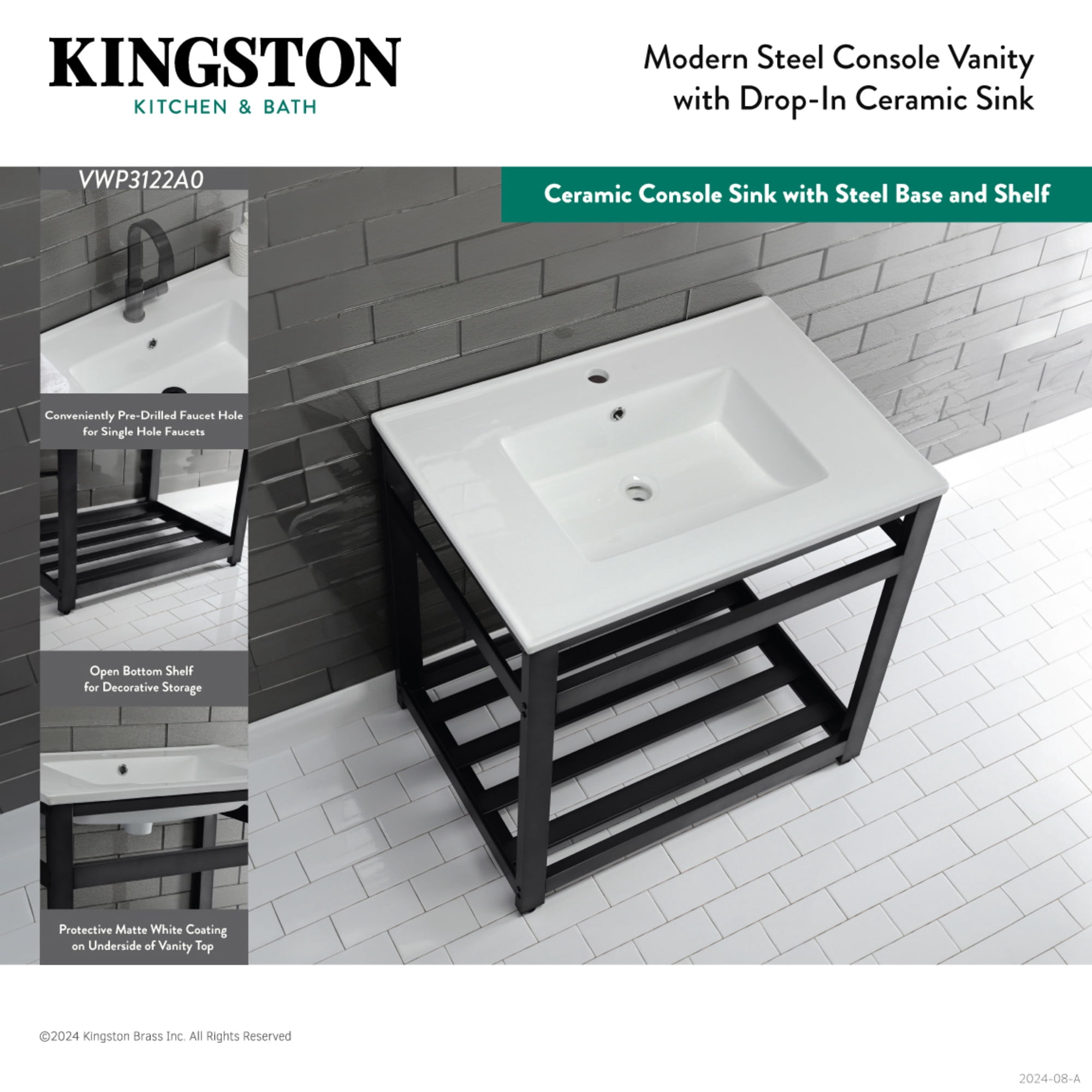 Kingston Brass VWP3122A7 Quadras 31" Ceramic Console Sink with Steel Base and Shelf (1-Hole), White/Brushed Brass