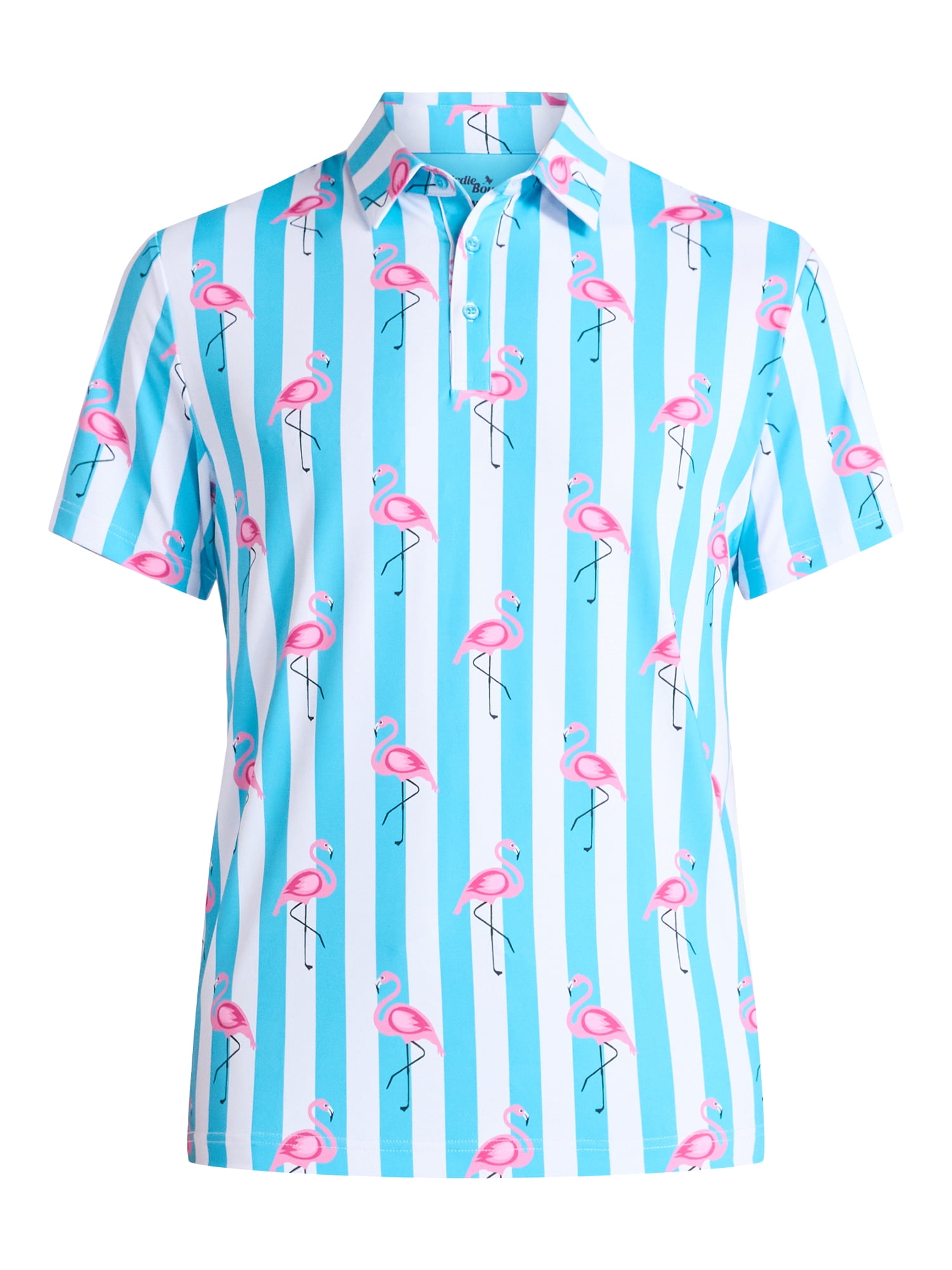 Birdie Bound Men's and Big Men's Flamingo and Stripes Polo Golf Shirt, Sizes S-5XL