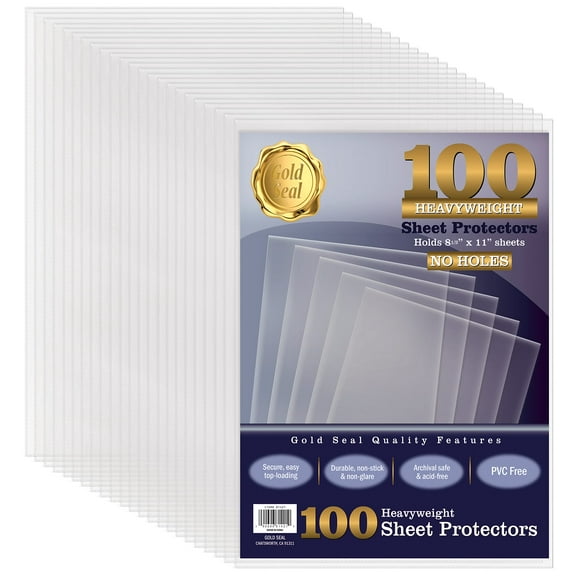 No Holes Sheet Protectors, Bulk Pack, Letter Size (8.5 x 11 Inch), Heavyweight Clear View Sheet Protectors, Top Loading, Document Protectors, Artwork Protectors, by Gold Seal (100 Pack)