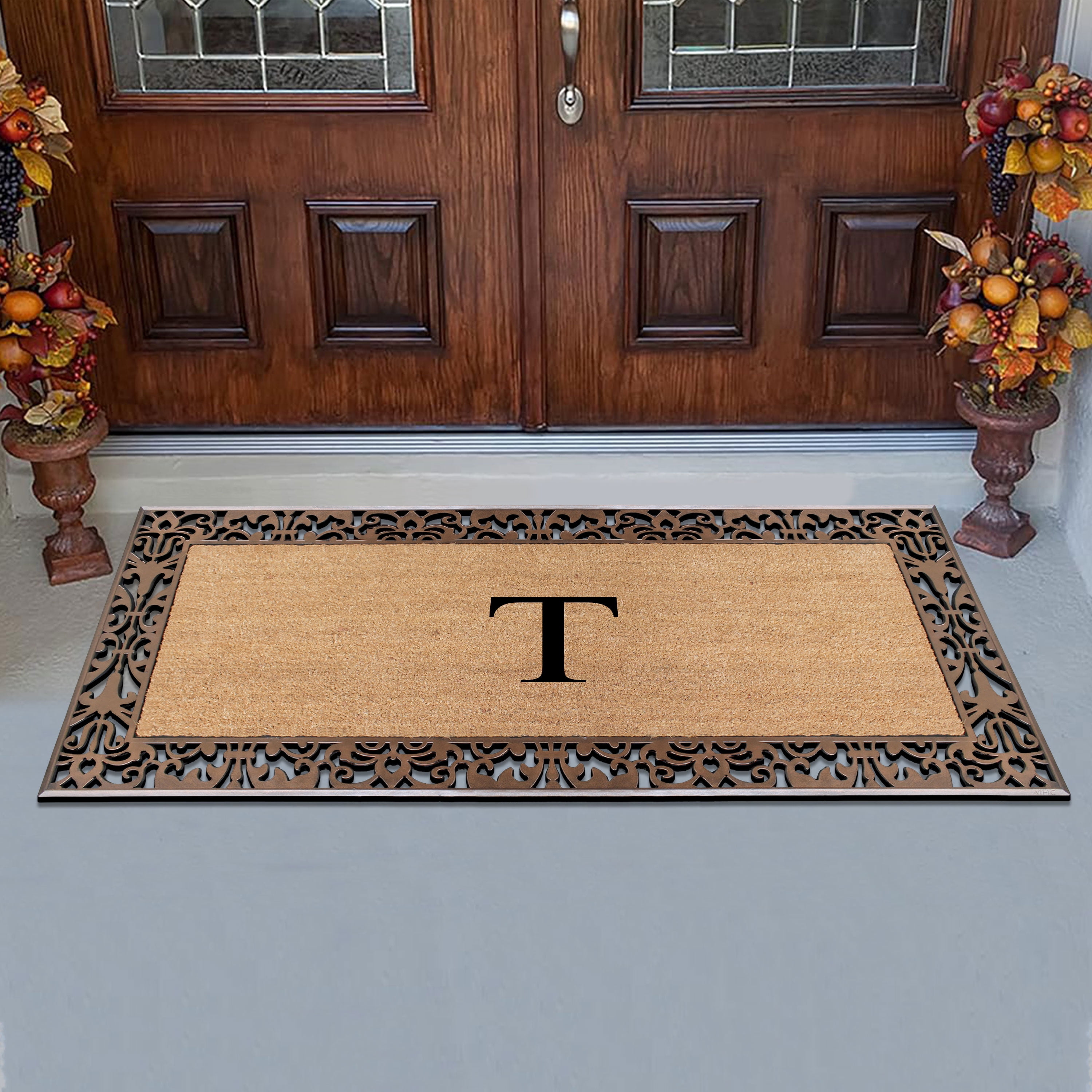 A1HC Natural Coir and Rubber Paisley Monogrammed Doormat, 30"x60", Heavy Duty Outdoor Front Door Mat, Durable Easy-Clean Bronze Rug