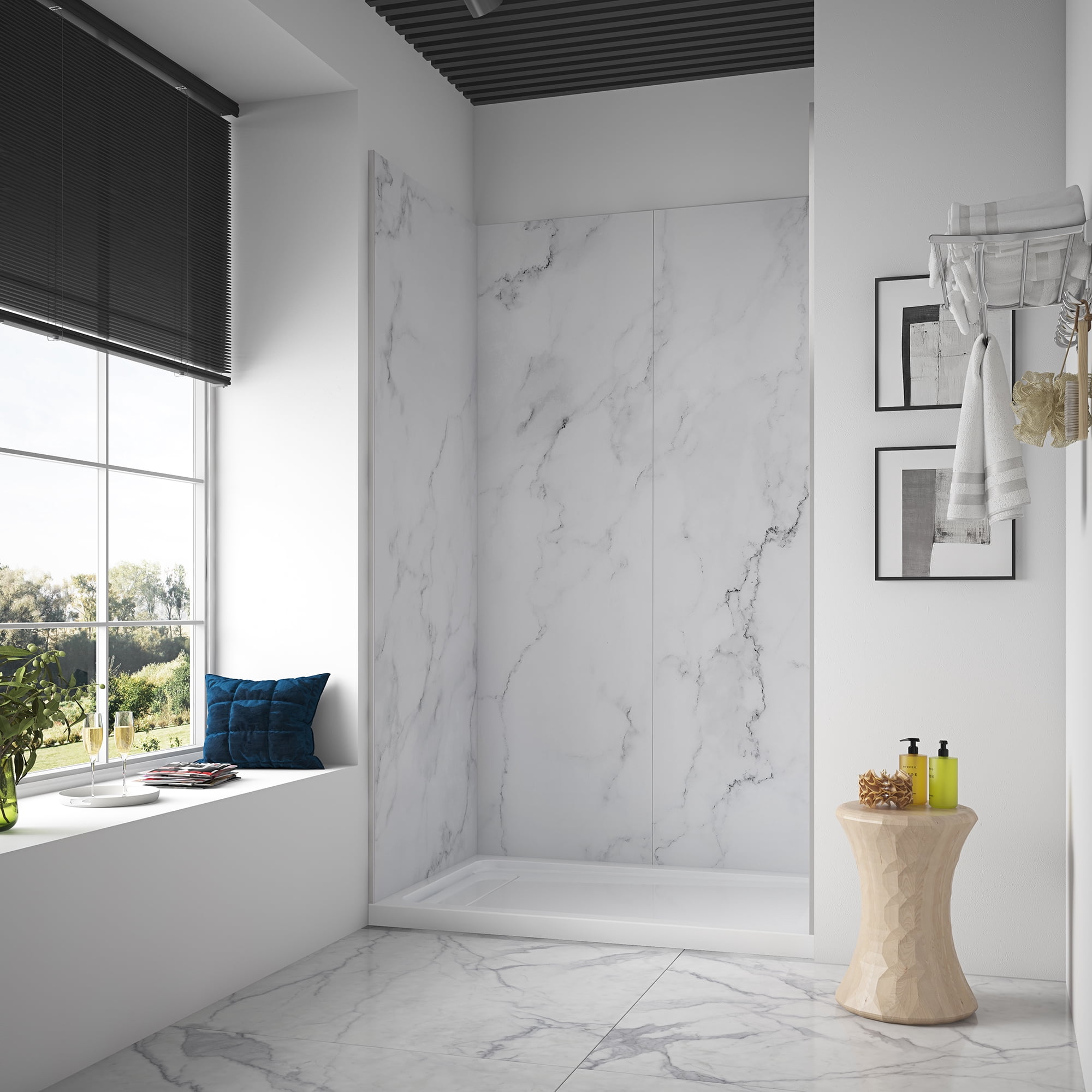 Ove Decors Arroyo 48 in x 80 in 4-Piece Shower Surround Back and Side Wall Panels in Carrara Finish