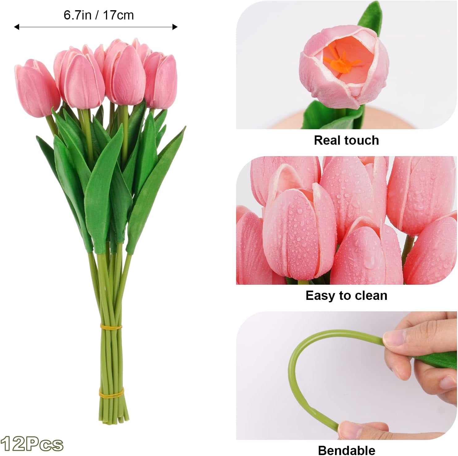 Pink Tulips with Stems 10 pcs Fake Tulips Soft PU Pink Flowers Artificial Faux Latex Real Touch Tulips Artificial Flowers Bouquet for Office Party Arrangement Valentines Mothers Day Decor