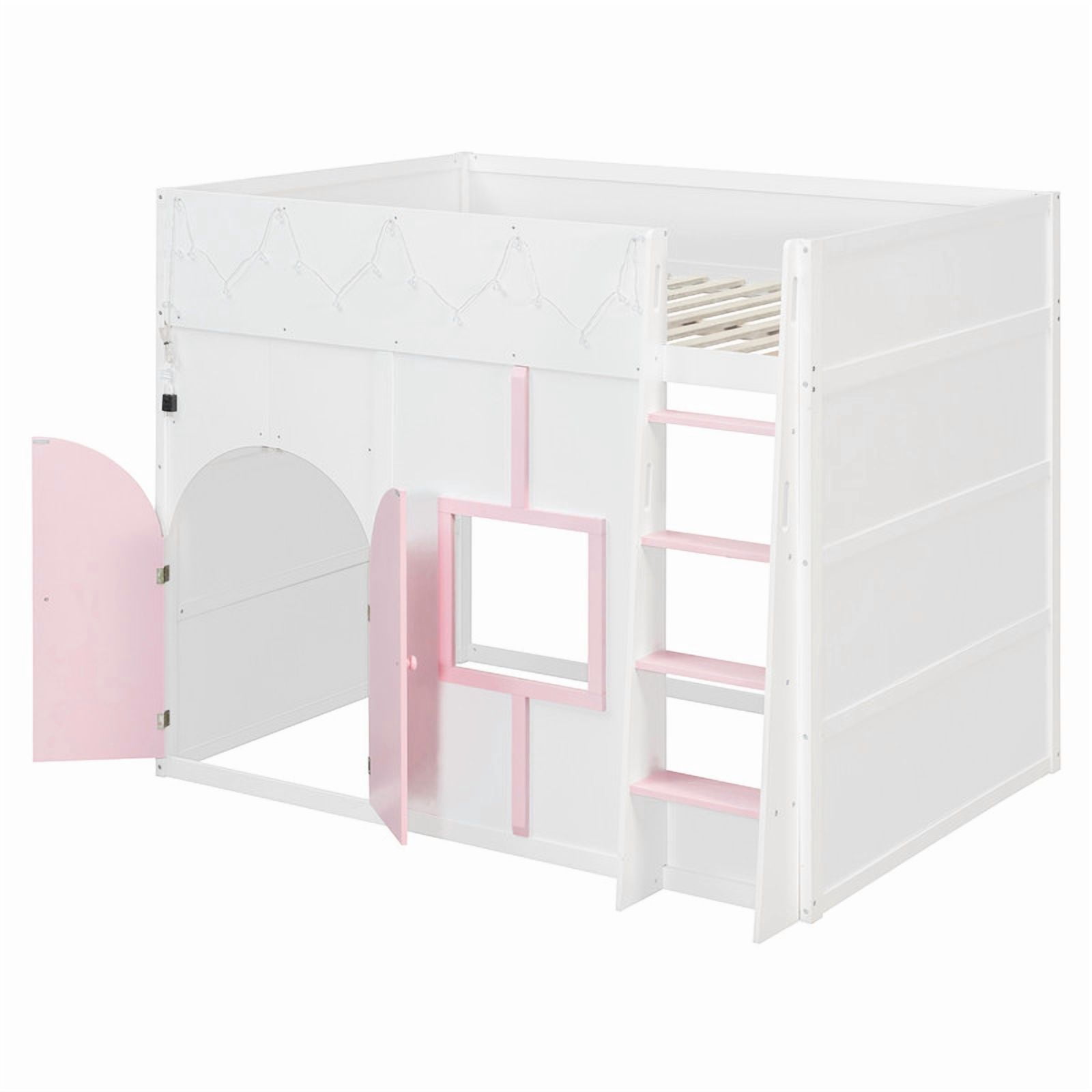 Full Size Playful Child Loft Bed with Doors & Window, Wood Kids House Bed Frame with Light Strip & Built-In Ladder