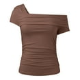thumbnail image 3 of DuoJiaJ Women's One Shoulder Short Sleeve Top Pleated Going Out Top Slim Fit Shirt Cropped Top Cropped Tops for Women Brown M, 3 of 4