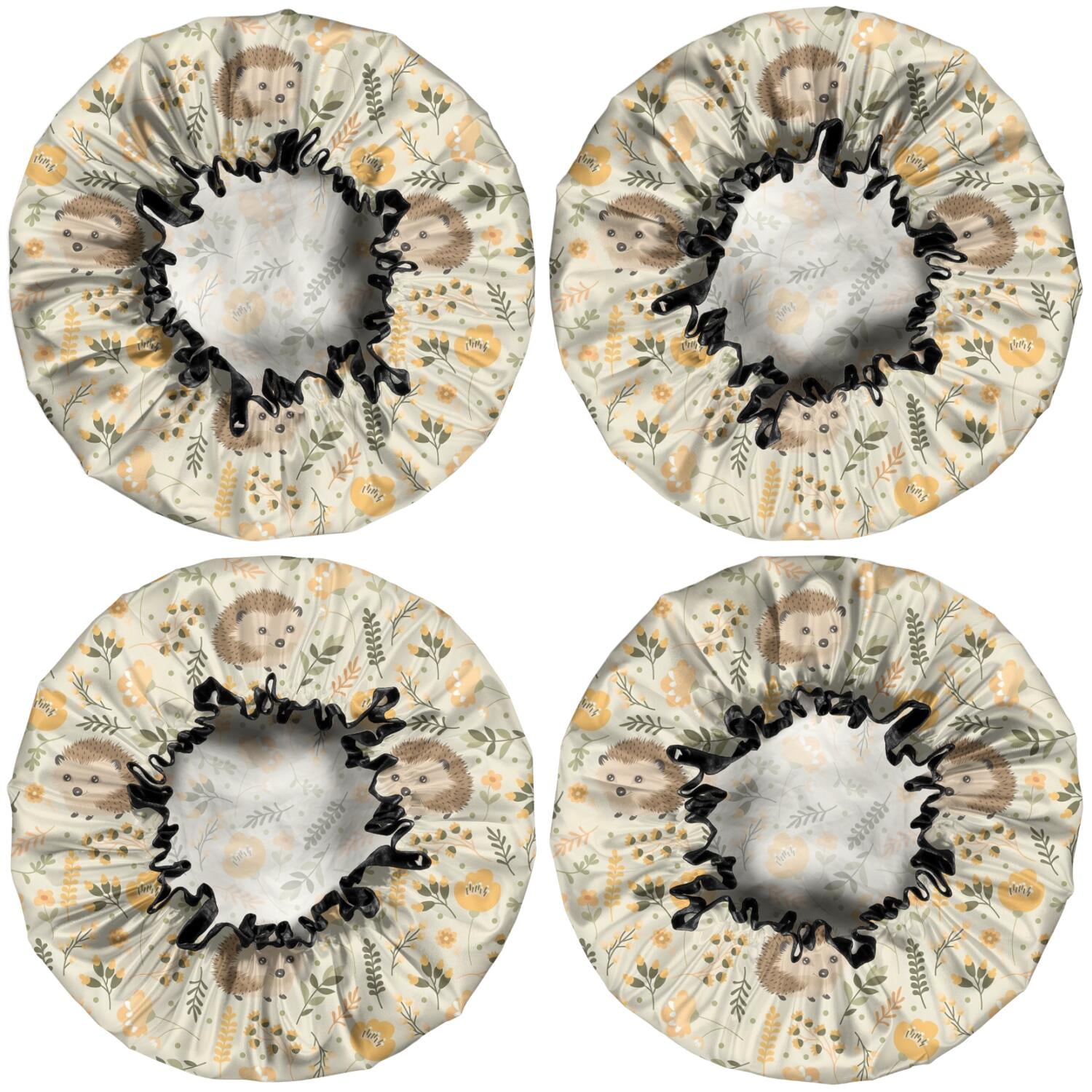 Shower Caps,Cute Hedgehogs and Pioneer Flower Pattern Waterproof Shower Cap for Women 4 Pieces,Double Reusable Hair Cover for Shower PEVA Elastic Stretch Hem