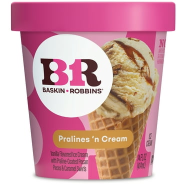Baskin-Robbins Pralines ‘n Cream Ice Cream, 14 fl oz Cup – Vanilla Ice Cream with Caramel Swirl and Praline-Coated Pecans