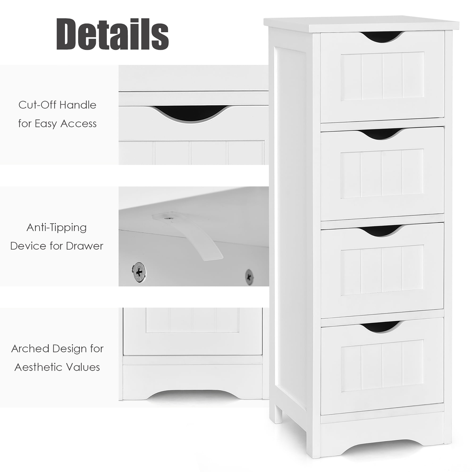 Costway White Floor Storage Cabinet Bathroom Organizer Free Standing 4 Drawers