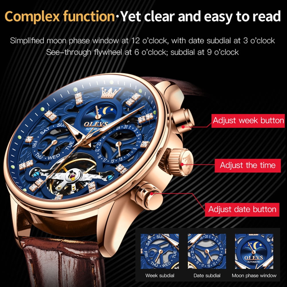 OLEVS Automatic Watches for Men Self Winding Mechanical Chronograph Skeleton Flywheel Luxury Dress Black Brown Leather Diamond Moon Phase Waterproof Luminous Mens Wrist Watches Reloj Para Hombre