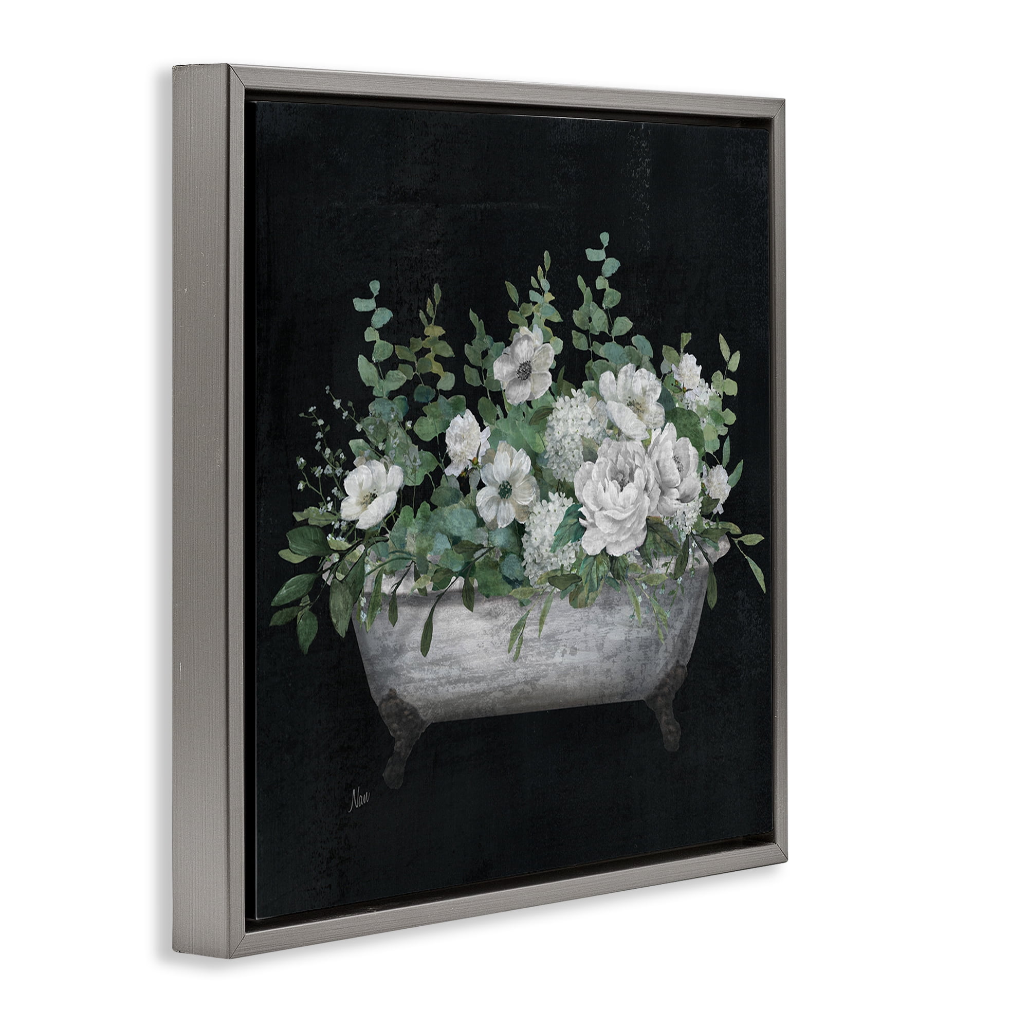 Stupell Industries Rustic Floral Bathtub Typography Painting Gray Floater Framed Canvas Art Print Wall Art, 25 x 25