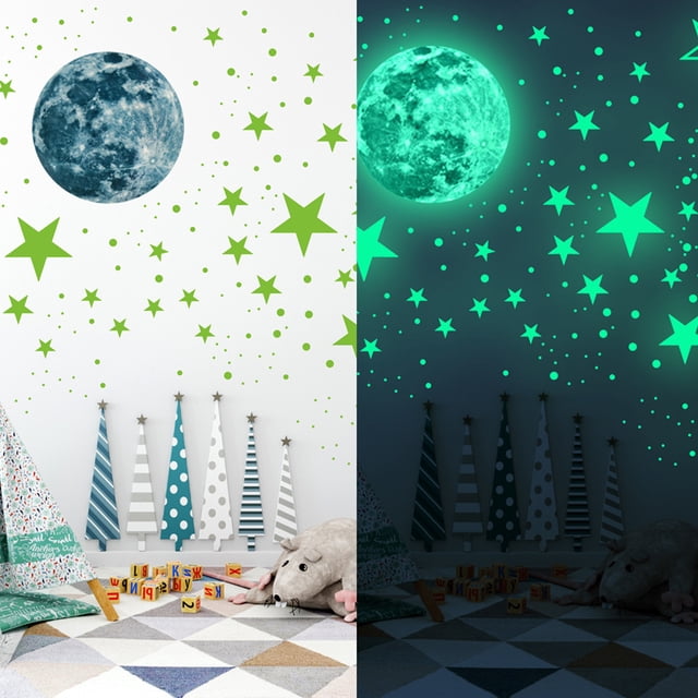 Pegatinas de pared 3D con puntos luminosos y calcomanías de luna para pared, decoración de pared fluorescente y lunar para dormitorio infantil, habitación infantil, techo