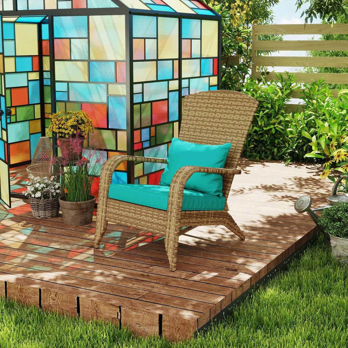 Spaco Patio Adirondack Chair with Rattan Wicker, Rattan Chair with Soft Cushions and Tall Curved Backrest for Outdoor, Sky Blue
