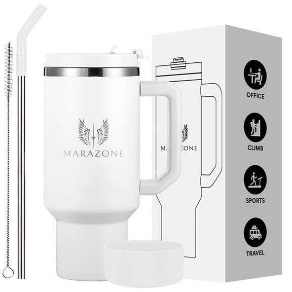 Marazone 40 oz Stainless Steel Insulated, Handle, Straw, Leak-Resistant Lid Travel Mug, White