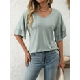 thumbnail image 4 of Womens V-Neck Tops Dressy Double Layer Bell Sleeve 3/4 Length Ruffle Sleeve T Shirts Bean Green L, 4 of 8