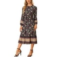 thumbnail image 2 of INSPIRE CHIC Robe Bohème pour Femme à Fleurs, Col Rond, Manches Longues, Robe Midi d'Été, S, Noir, 2 of 6