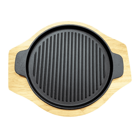 

Round Grill Cast Iron Pan W/ Rubber Wood Underliner for Steak Meat Fish (9.25 Grill)