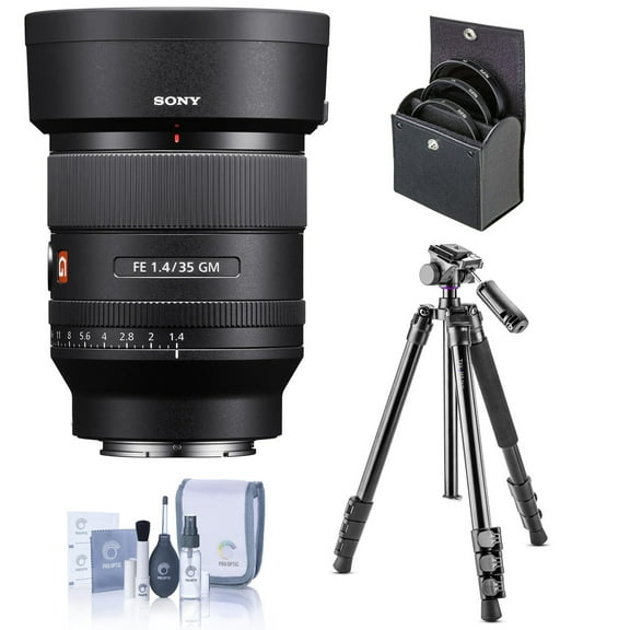 Sony FE 35mm f/1.4 GM Lens, Bundle with Takama Flip-Zip 4-Section Photo Tripod/Monopod w/2-Way Head, Filter Kit, Cleaning Kit