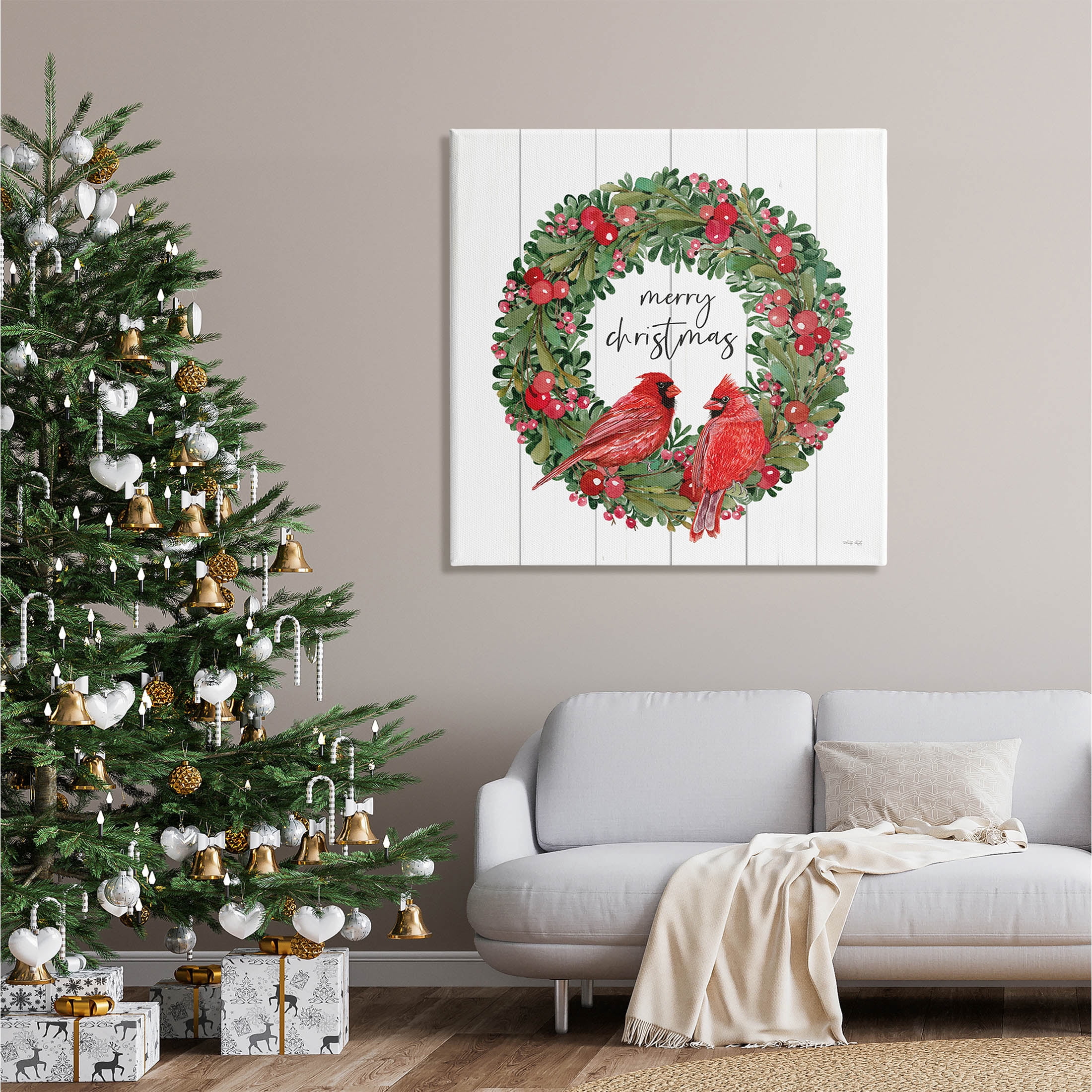 Merry Christmas Red Cardinal Wreath Holiday Graphic Art Gallery Wrapped Canvas Print Wall Art