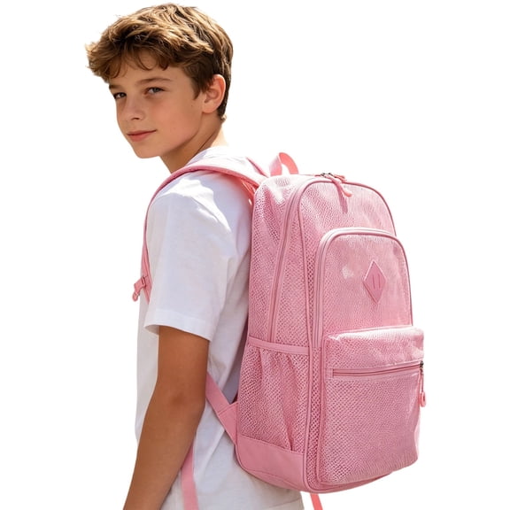 TGPMGRZ Mesh Backpack Heavy Duty, See Through School Backpack Transparent Bookbag for Swimming, Beach, Sports, Work, Travel (Red)
