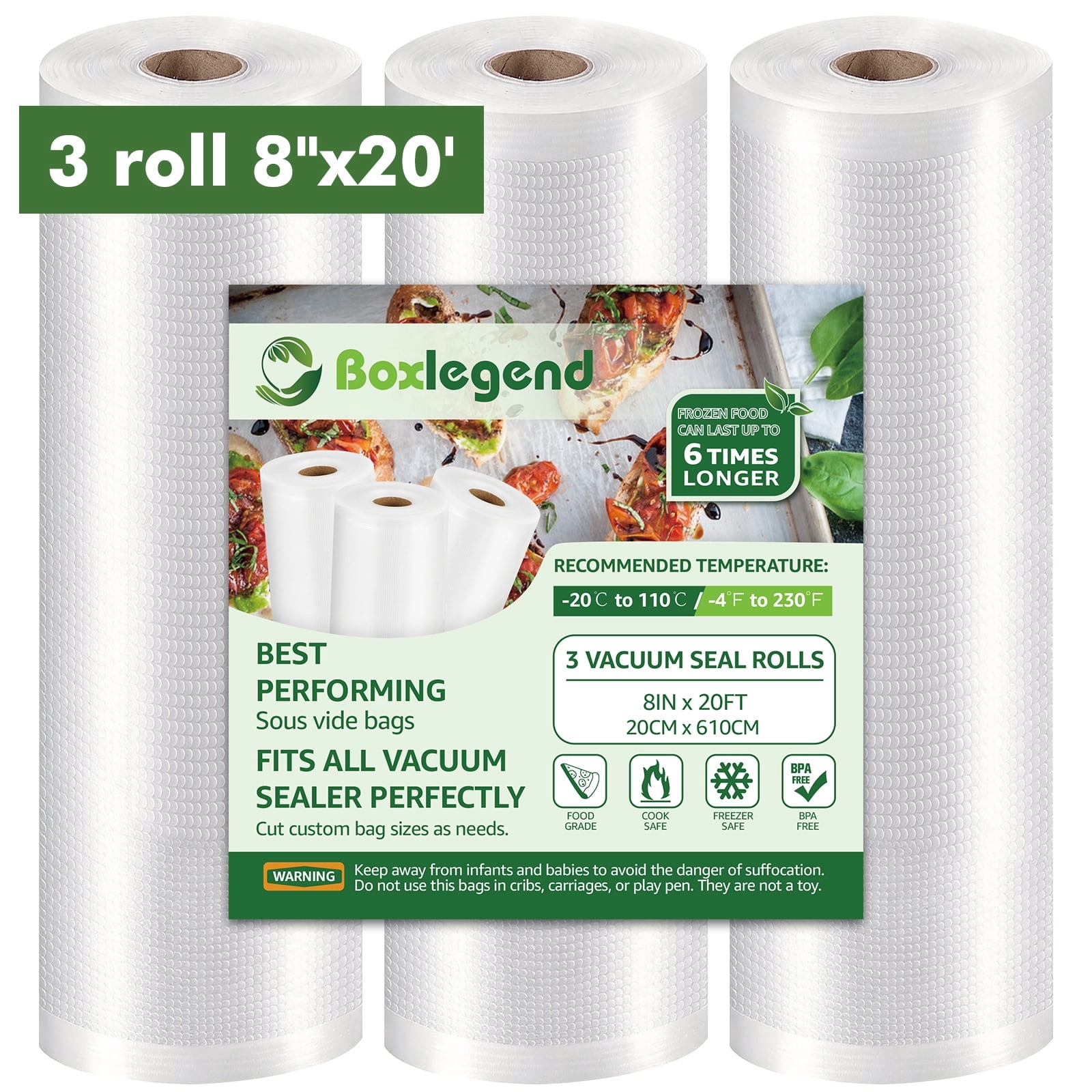 BoxLegend Vacuum Sealer Bags Rolls, 3 Pack 8" x 20'
